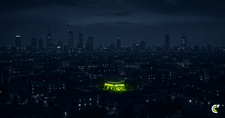 Panorama urbano minimalista al crepuscolo con edifici in silhouette blu notte e numerosi punti luce grigio tenue. Un solo edificio al centro della scena risplende in verde lime brillante, distinguendosi nettamente dagli altri e simboleggiando un brand che emerge e diventa visibile rispetto alla concorrenza. Stile editoriale, atmosfera cinematografica, senza persone, loghi o testo.