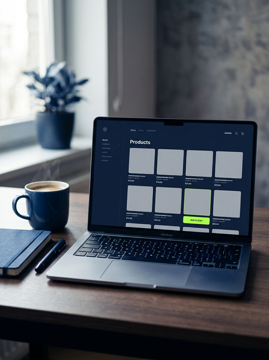 Laptop su scrivania con interfaccia e-commerce minimale, tazza di caffè e ambiente di lavoro in tono naturale