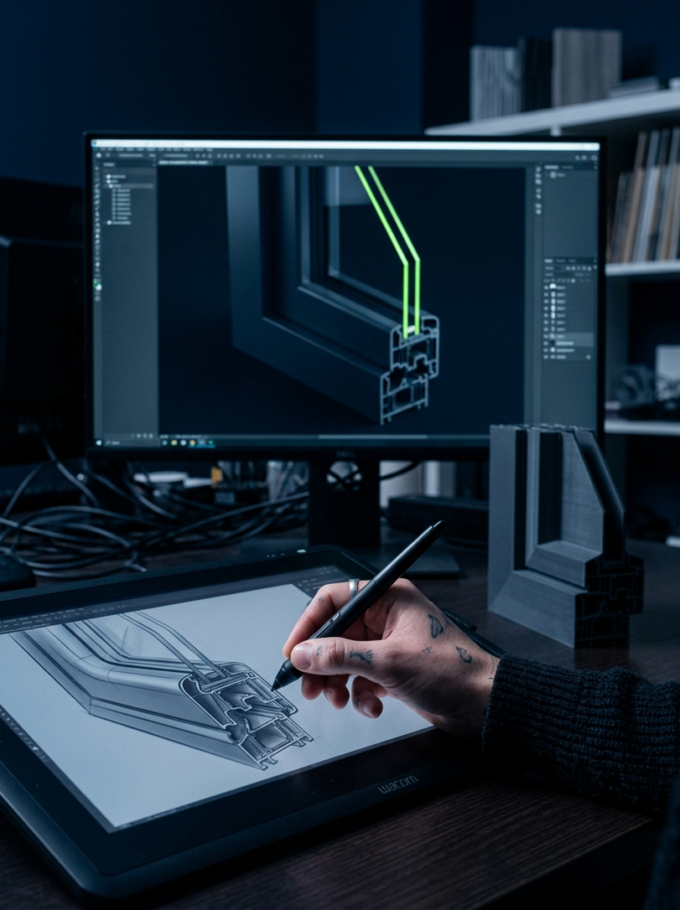 Designer al lavoro su tavoletta grafica con render 3D di prodotto sullo schermo, ambiente in tono blu notte con accento verde lime