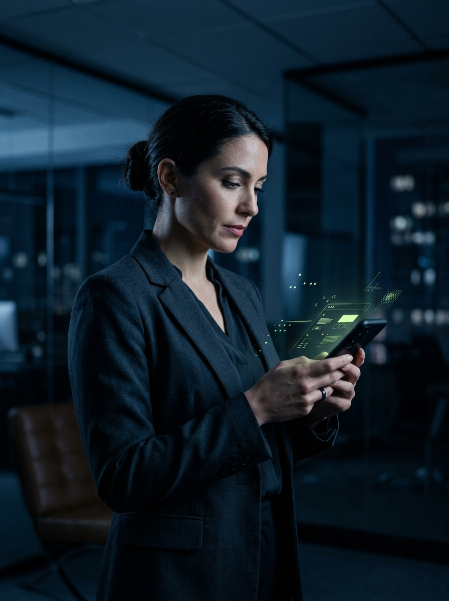 Professionista che consulta un'interfaccia social minimale sullo smartphone, ambiente ufficio in tono blu notte con accento verde lime