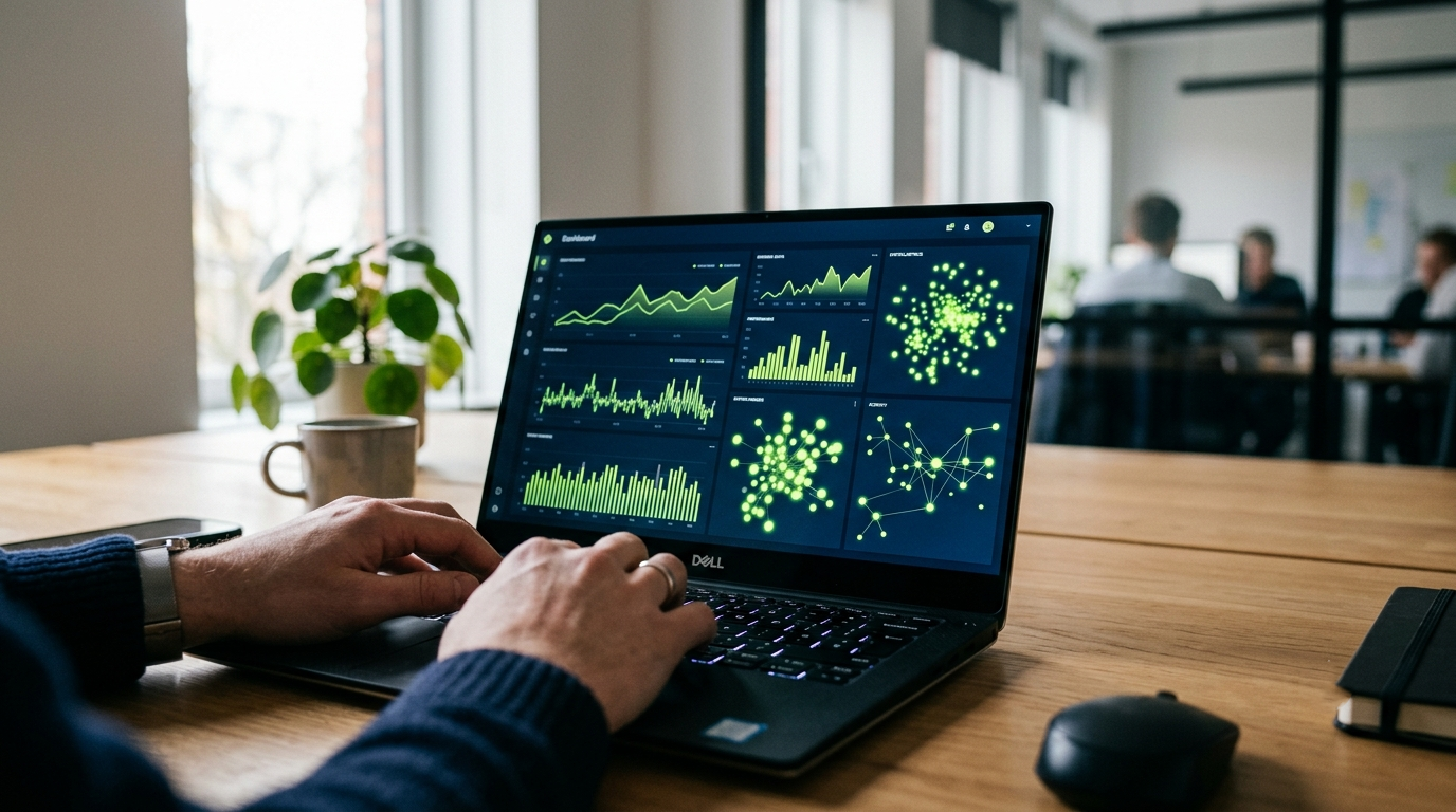 Dashboard con grafici di Citation Rate su schermo laptop, ufficio moderno